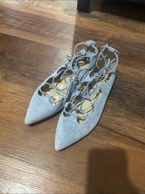 Pointed Lace-Up Flat Shoes in Light Blue